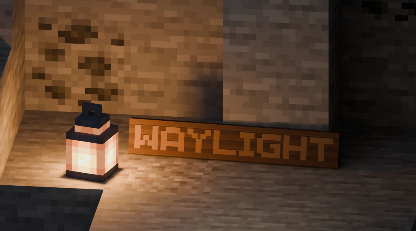 A Minecraft lantern lights a stone cave with coal ore, beside Waylight’s wooden sign leaning against the wall