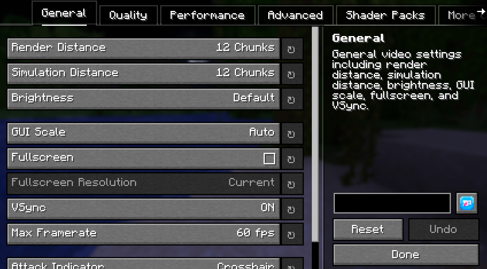 Xander’s Sodium Options’ General settings tab, with Minecraft-style controls for render distance, brightness, and framerate beside a description panel